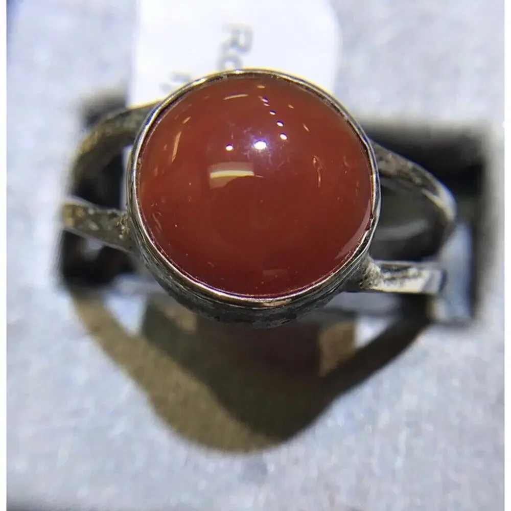 Red Agate (Natural) Ring Round Sz10 Bezel Set Silver 925 Design Band